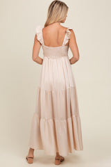 Cream Satin Ruffle Strap Tiered Maxi Dress