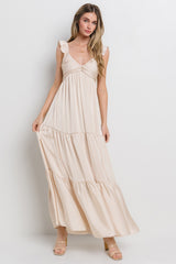 Cream Satin Ruffle Strap Tiered Maxi Dress