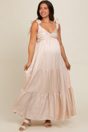 Cream Satin Ruffle Strap Tiered Maternity Maxi Dress