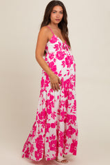 Fuchsia Tropical Floral Open Back Maternity Maxi Dress