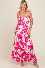 Fuchsia Tropical Floral Open Back Maxi Dress