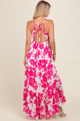 Fuchsia Tropical Floral Open Back Maxi Dress