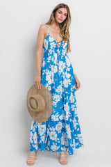 Royal Tropical Floral Open Back Maxi Dress