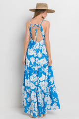 Royal Tropical Floral Open Back Maxi Dress