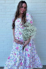 Lavender Floral Pleated Puff Sleeve Maternity Midi Dress