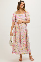 Lavender Floral Pleated Puff Sleeve Maternity Midi Dress