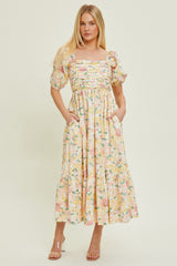 Ivory Floral Pleated Puff Sleeve Maternity Midi Dress