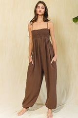 Brown Gauze Button Front Smocked Shoulder Tie Maternity Jumpsuit