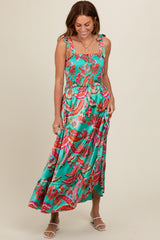 Turquoise Printed Smocked Bodice Maternity Maxi Dress