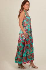 Turquoise Printed Smocked Bodice Maxi Dress