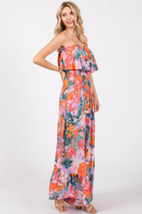 Multi Color Floral Smocked Ruffle Strapless Wide Leg Jumpsuit