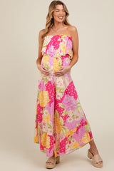 Multi-Color Floral Strapless Ruffle Wide Leg Maternity Jumpsuit