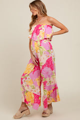 Multi-Color Floral Strapless Ruffle Wide Leg Maternity Jumpsuit