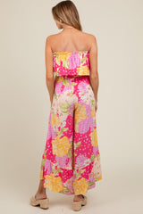 Multi-Color Floral Strapless Ruffle Wide Leg Maternity Jumpsuit