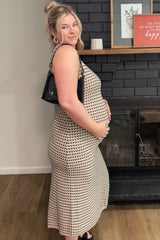 Beige Striped Knit Fitted Sleeveless Maternity Maxi Dress