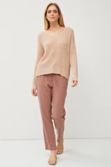 Beige Knit V-Neck Long Sleeve Top