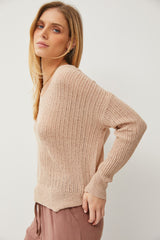 Beige Knit V-Neck Long Sleeve Top