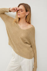 Olive Knit V-Neck Long Sleeve Top