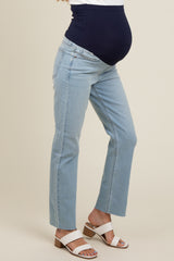 Light Blue Straight Leg Raw Hem Maternity Jeans