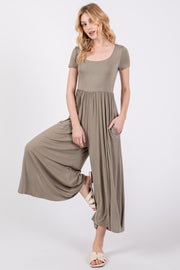 Light Olive Short Sleeve Pocketed Jumpsuit