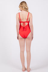 Red Ribbed Lettuce Edge V-Neck One-Piece Swimsuit