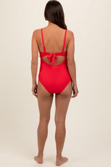 Red Ribbed Lettuce Edge V-Neck Maternity One-Piece Swimsuit