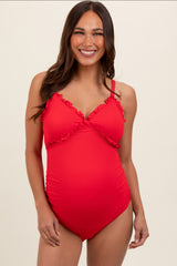 Red Ribbed Lettuce Edge V-Neck Maternity One-Piece Swimsuit