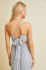 Silver Pleated Back Cutout Tie Maxi Dress