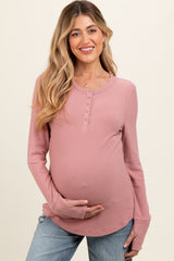 Mauve Button Front Soft Knit Long Sleeve Henley Maternity Top