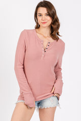 Mauve Button Front Soft Knit Long Sleeve Henley Maternity Top