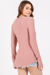 Mauve Button Front Soft Knit Long Sleeve Henley Top