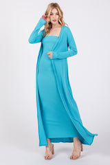 Aqua Ribbed Sleeveless Dress Cardigan Set