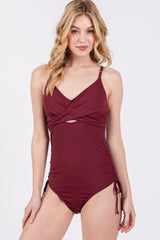 Plum Ribbed Wrap Front Drawstring Side One-Piece Swimsuit