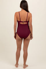 Plum Ribbed Wrap Front Drawstring Side Maternity One-Piece Swimsuit