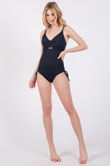 Navy Ribbed Wrap Front Drawstring Side One-Piece Swimsuit