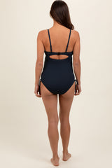 Navy Ribbed Wrap Front Drawstring Side Maternity One-Piece Swimsuit