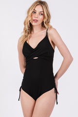 Black Ribbed Wrap Front Drawstring Side Maternity One-Piece Swimsuit