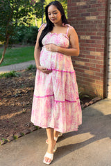 Pink Floral Sleeveless Ruffle Tiered Maternity Midi Dress