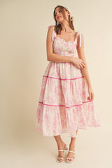 Pink Floral Sleeveless Ruffle Tiered Midi Dress