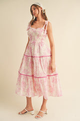 Pink Floral Sleeveless Ruffle Tiered Midi Dress