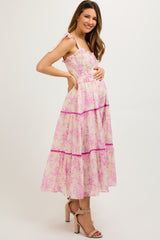 Pink Floral Sleeveless Ruffle Tiered Maternity Midi Dress