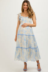 Light Blue Floral Sleeveless Ruffle Tiered Maternity Midi Dress