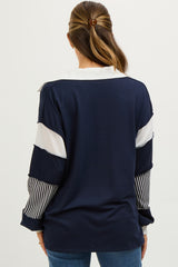 Navy Stripe Colorblock Collared Maternity Top