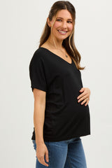 Black Short Dolman Sleeve V-Neck Maternity Top