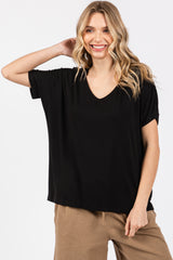 Black Short Dolman Sleeve V-Neck Top