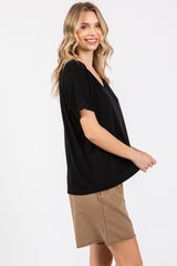 Black Short Dolman Sleeve V-Neck Top