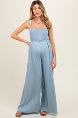 Light Blue Chambray Smocked Maternity Jumpsuit