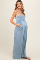 Light Blue Chambray Smocked Maternity Jumpsuit