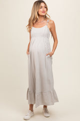 Beige Striped Tie Strap Maternity Maxi Dress