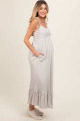 Beige Striped Tie Strap Maternity Maxi Dress